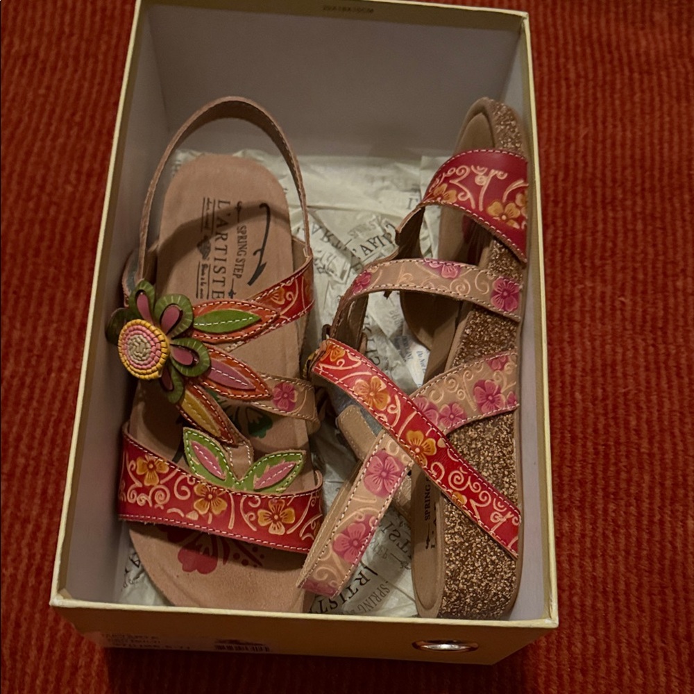 Spring Step Red,Pink,Tan,Green Floral Women’s Sandals